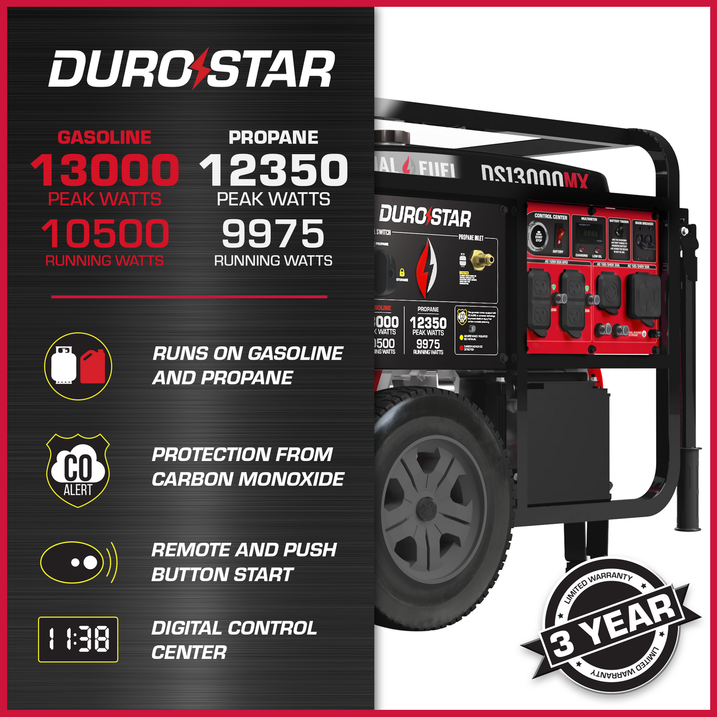 DuroStar DS13000MX 13,000W/10,500W 500cc Electric Start Dual Fuel Portable Generator w/ CO Alert