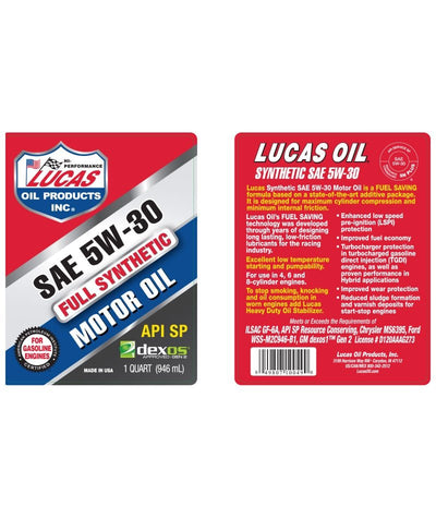 Lucas Oil 10049 Synthetic Motor Oil 1 Qt - SAE 5W-30 API SN Plus/Dexos Certified