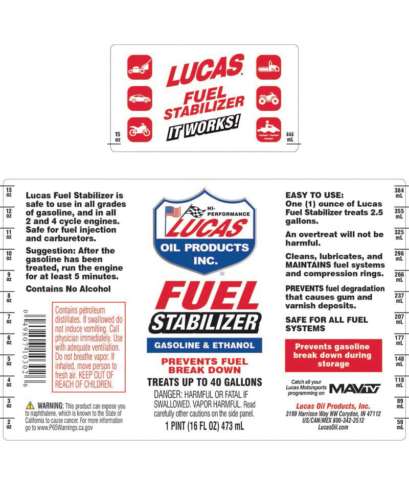 Lucas Oil 10302 Fuel Stabilizer 16 Oz - Protect Fuel for Long-Term Storage