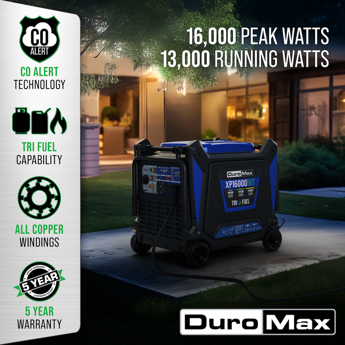 DuroMax XP16000iHT 16,000 Watt Tri Fuel Portable Inverter Generator w/ CO Alert