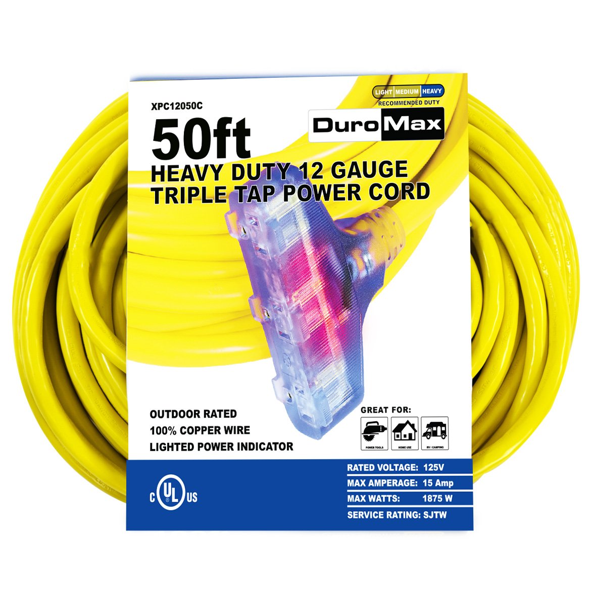 DuroMax XPC12050C 50-Foot 12 Gauge Triple Tap Extension Power Cord